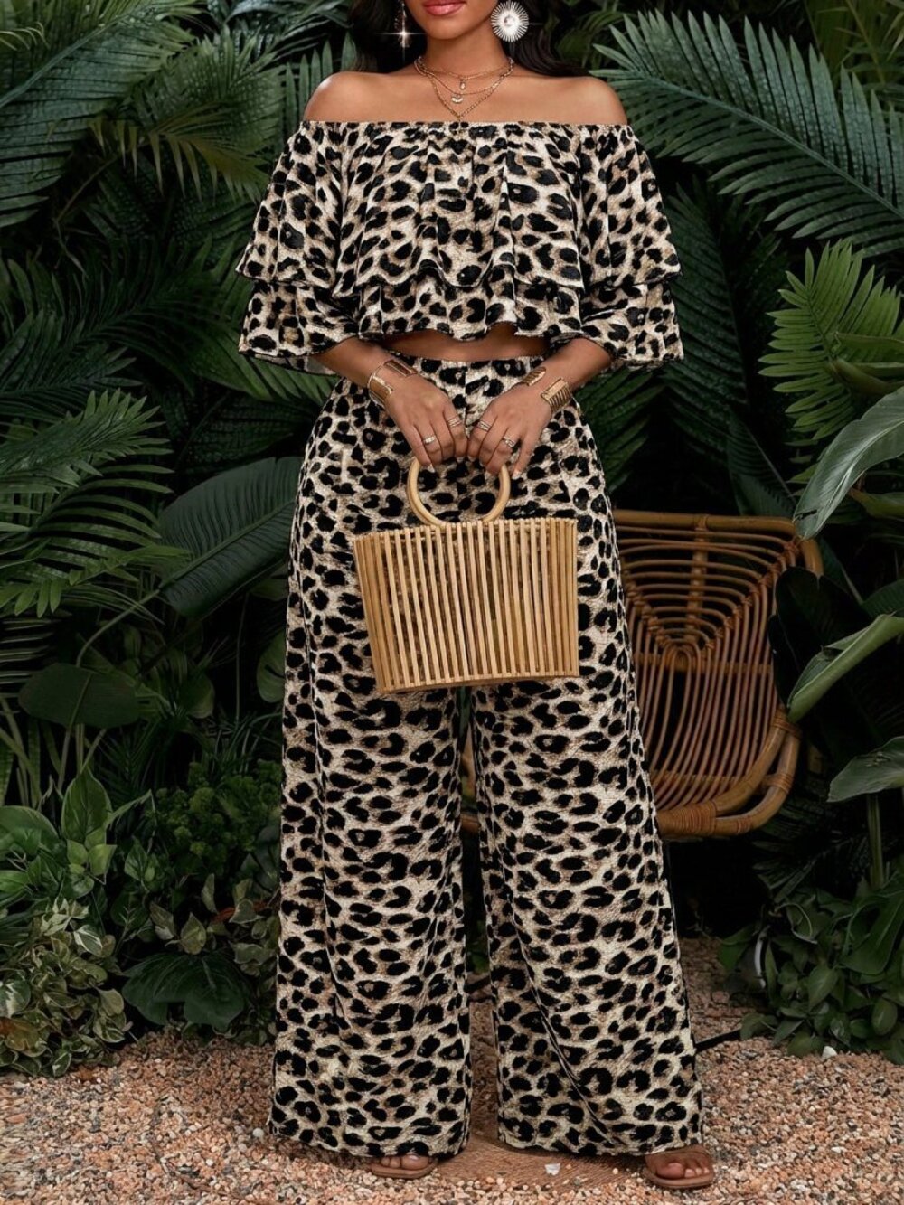 Multicolor Boho Women's Leopard Print Off-Shoulder Top & Wide-Leg Pants Set - Picture 5 of 6